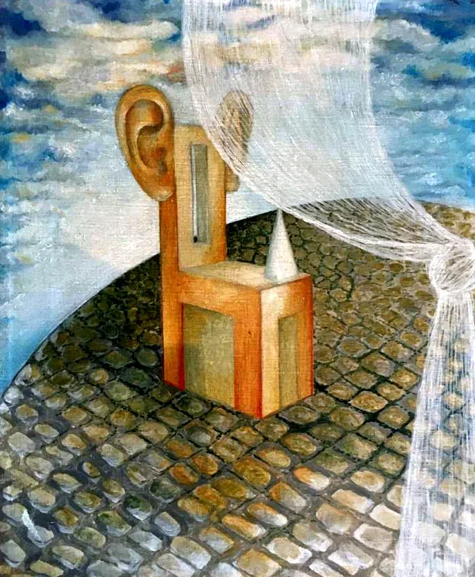 Dipinto a olio: la scultura, riconoscibile con la sua tavola forata, il cono chiaro e l’orecchio, sta su una piattaforma circolare lastricata di ciottoli sotto un cielo di nuvole; da destra un grande velo bianco attraversa la scena e si annoda in basso