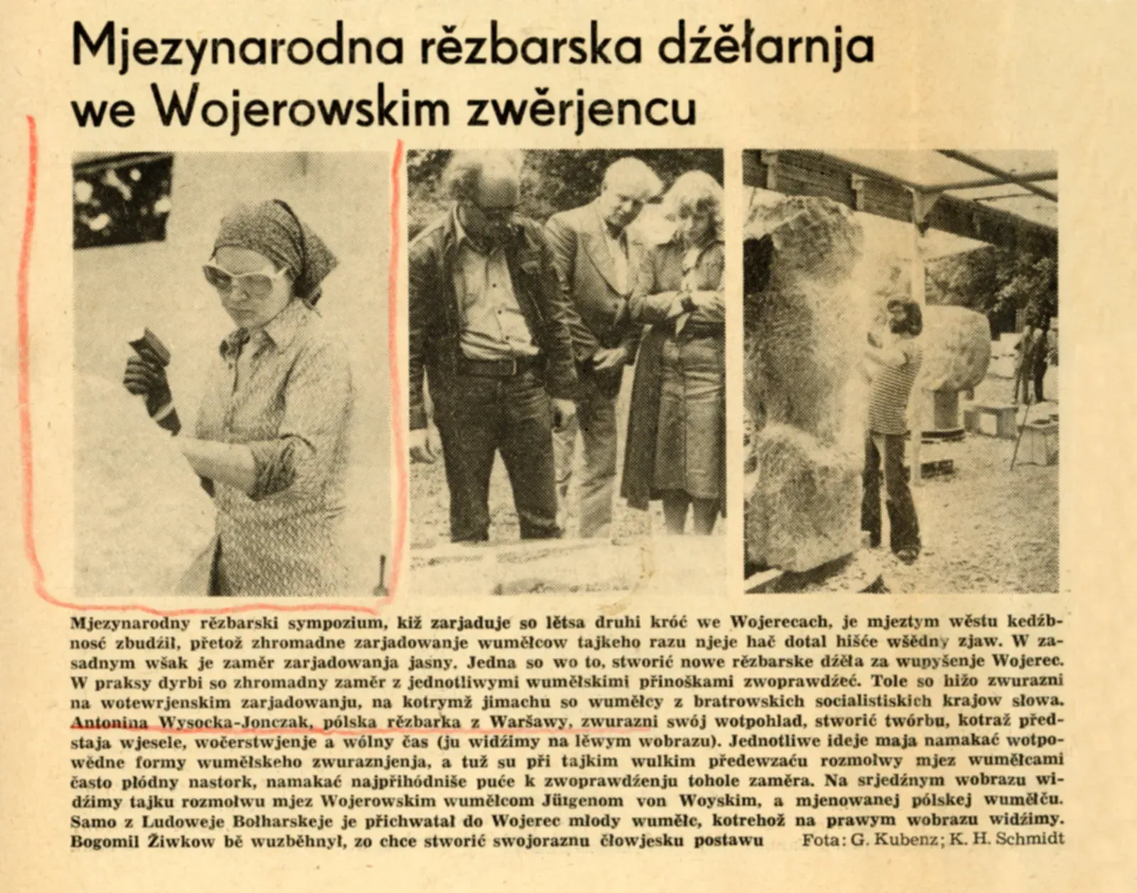 Newspaper cutting: «Mjezynarodna rězbarska dźěłarnja we Wojerowskim zwěrjencu», Upper Sorbian daily, 1977.