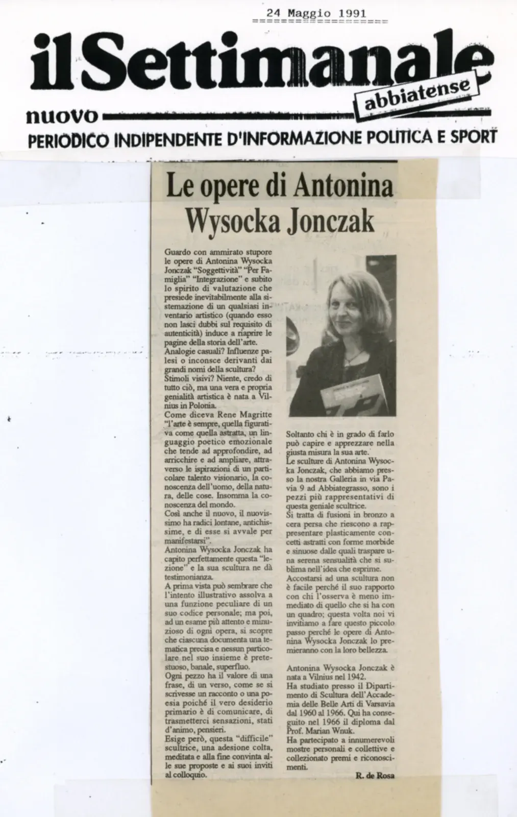 Ritaglio di giornale: «Le opere di Antonina Wysocka Jonczak», il Settimanale Abbiatense, 24 maggio 1991.