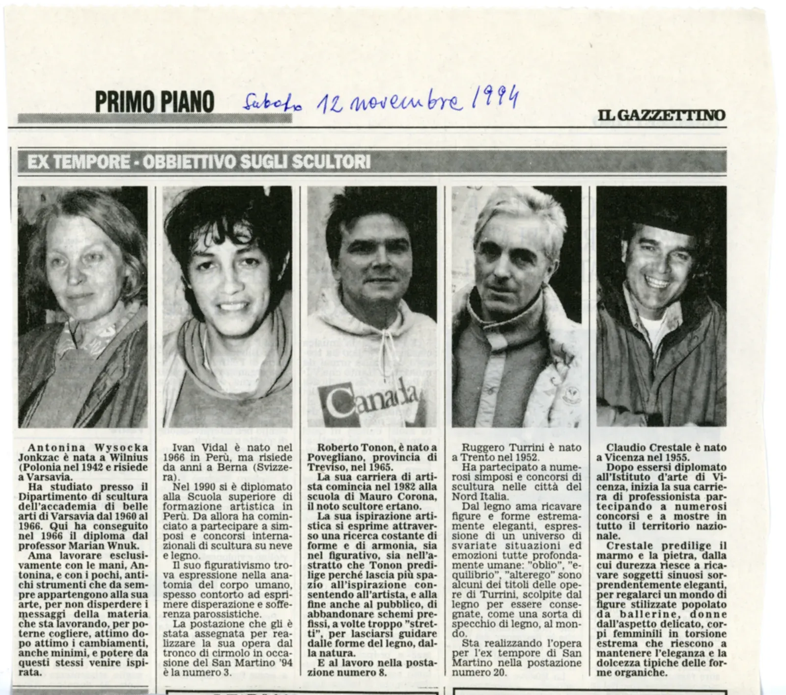 Ritaglio di giornale: «Ex Tempore — obbiettivo sugli scultori», Il Gazzettino, 12 novembre 1994. I cinque scultori della nona edizione, ciascuno con il suo ritratto e la sua scheda; la prima è Antonina.