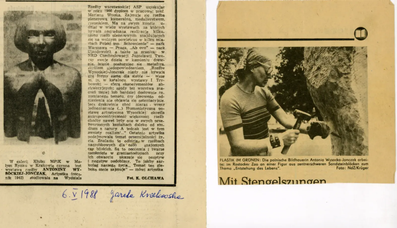 Ritaglio di giornale: «Wystawa rzeźby Antoniny Wysockiej-Jonczak», Gazeta Krakowska, 6 maggio 1988.
