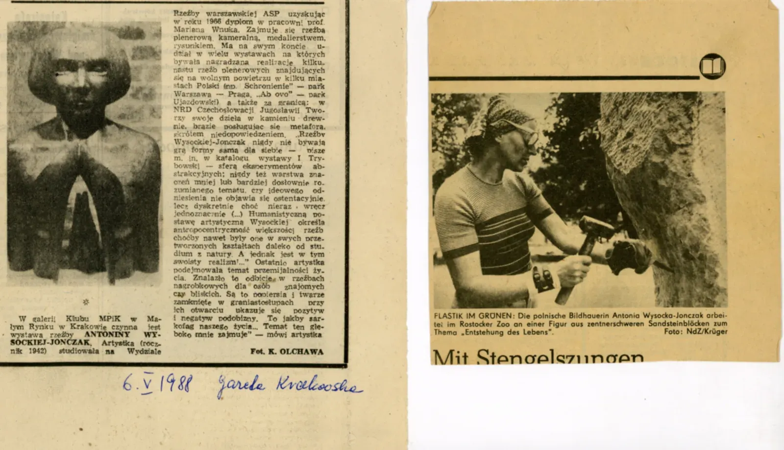Newspaper cutting: «Wystawa rzeźby Antoniny Wysockiej-Jonczak», Gazeta Krakowska, 6 May 1988.