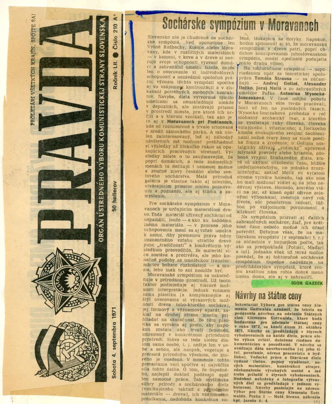 Newspaper cutting: «Sochárske sympózium v Moravanoch», Pravda, 4 September 1971.