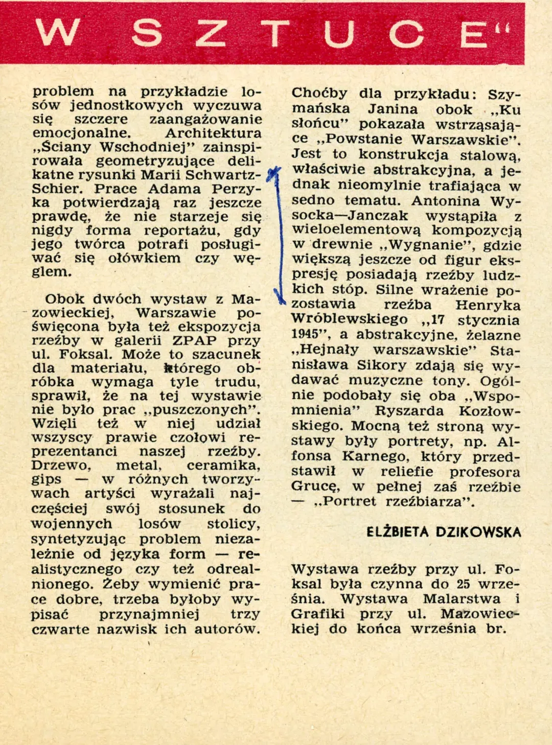 Newspaper cutting: «Warszawa w sztuce», Stolica, 26 October 1969.