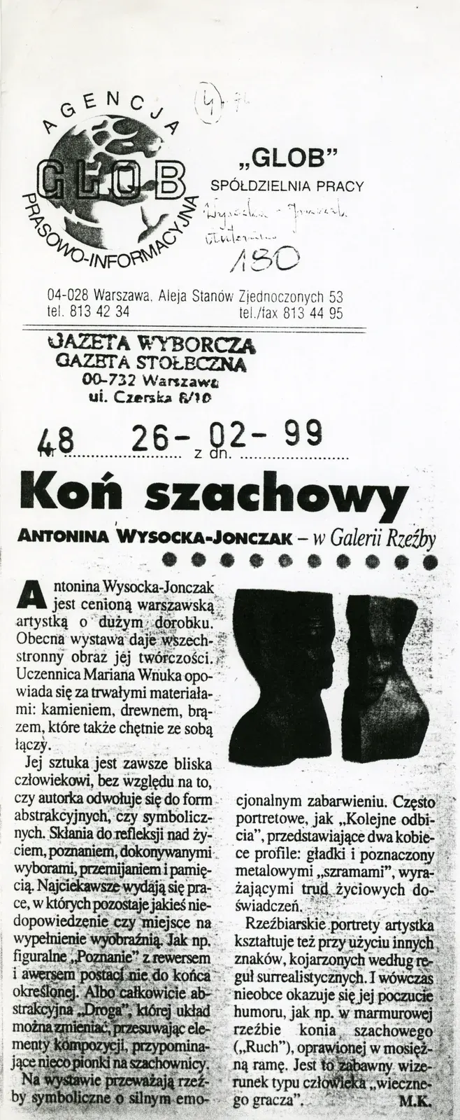 Ritaglio di giornale: «Koń szachowy», Gazeta Wyborcza, 26 febbraio 1999.
