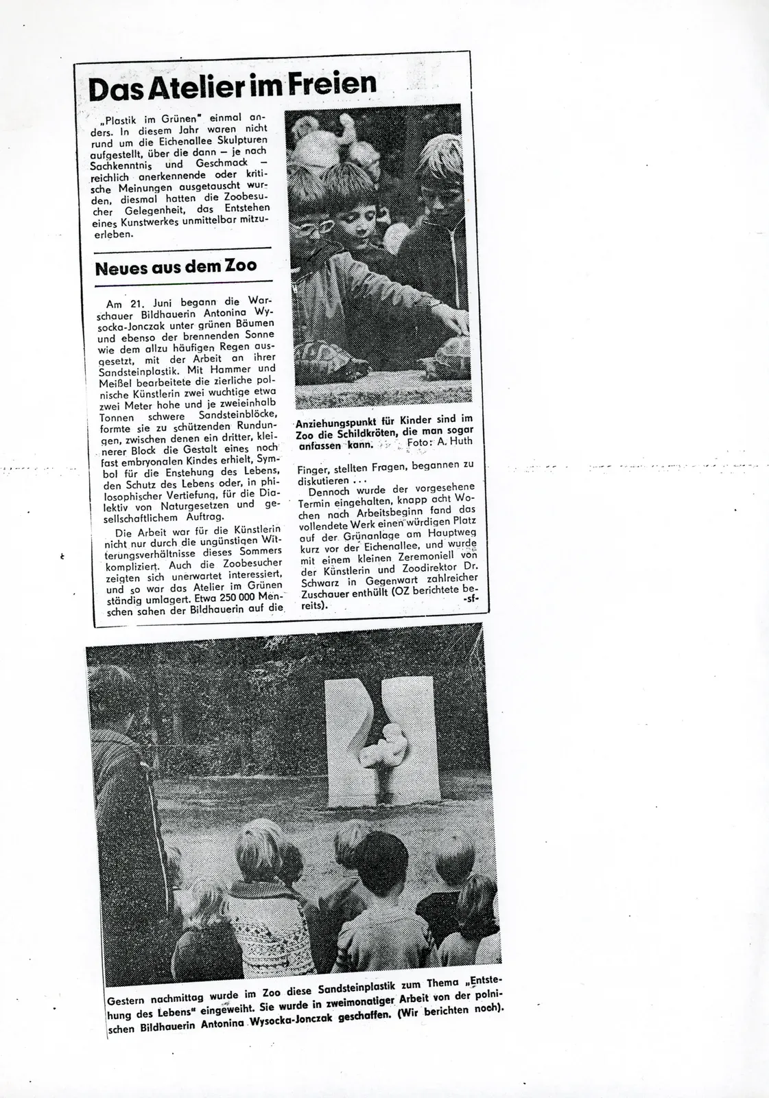 Newspaper cutting: «Das Atelier im Freien / Neues aus dem Zoo», East German daily, August 1978. Below, the newly unveiled sculpture and a group of children looking at it.