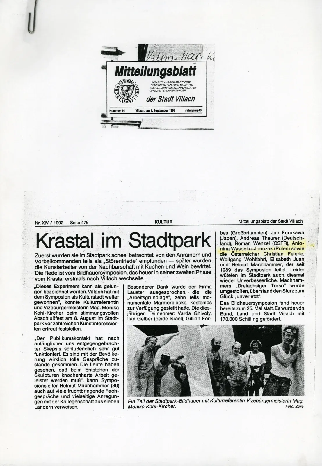 Newspaper cutting: «Krastal im Stadtpark», Mitteilungsblatt der Stadt Villach, 1 September 1992.