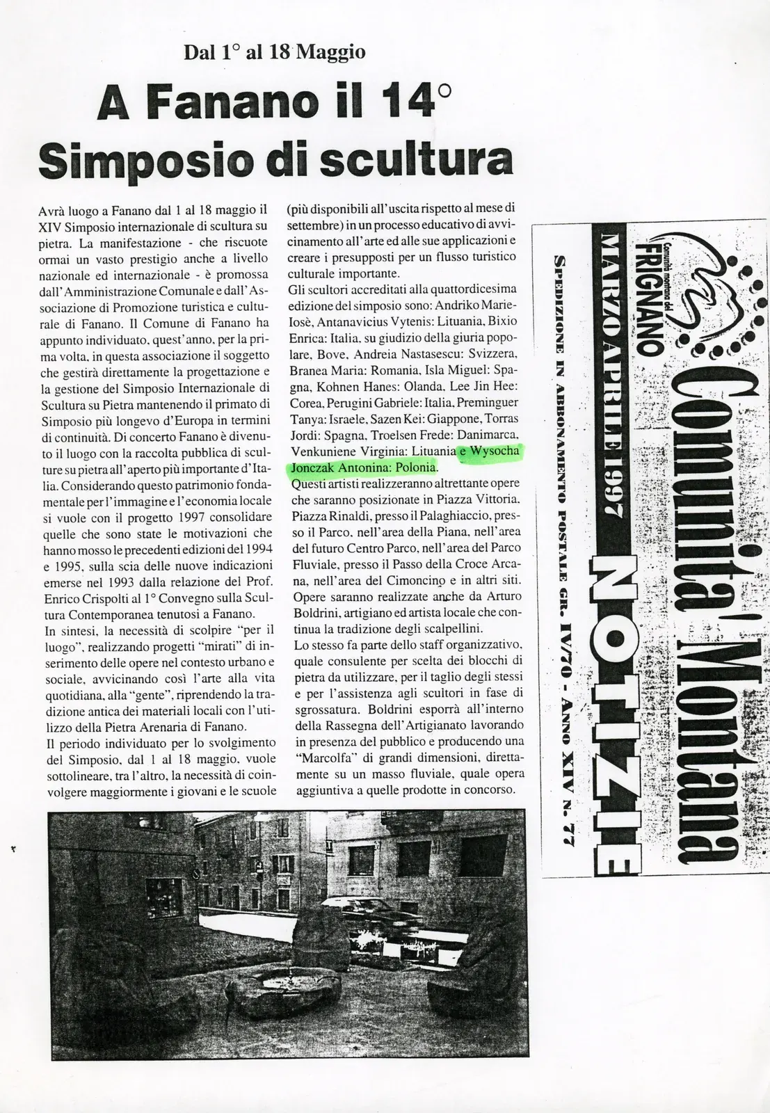 Ritaglio di giornale: «A Fanano il 14° Simposio di scultura», Comunità Montana del Frignano — Notizie, aprile 1997.