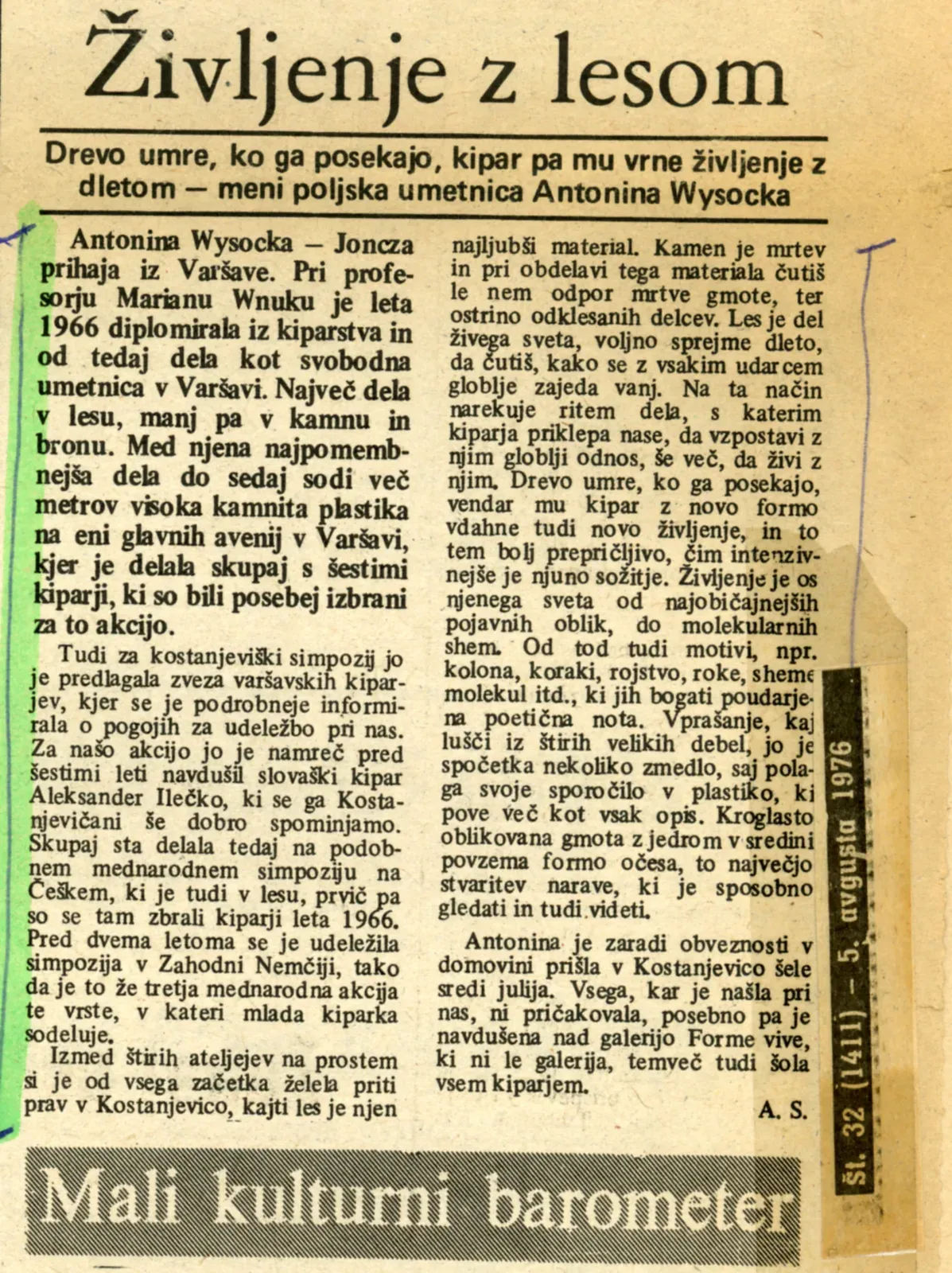 Ritaglio di giornale: «Življenje z lesom», settimanale sloveno, 5 agosto 1976.