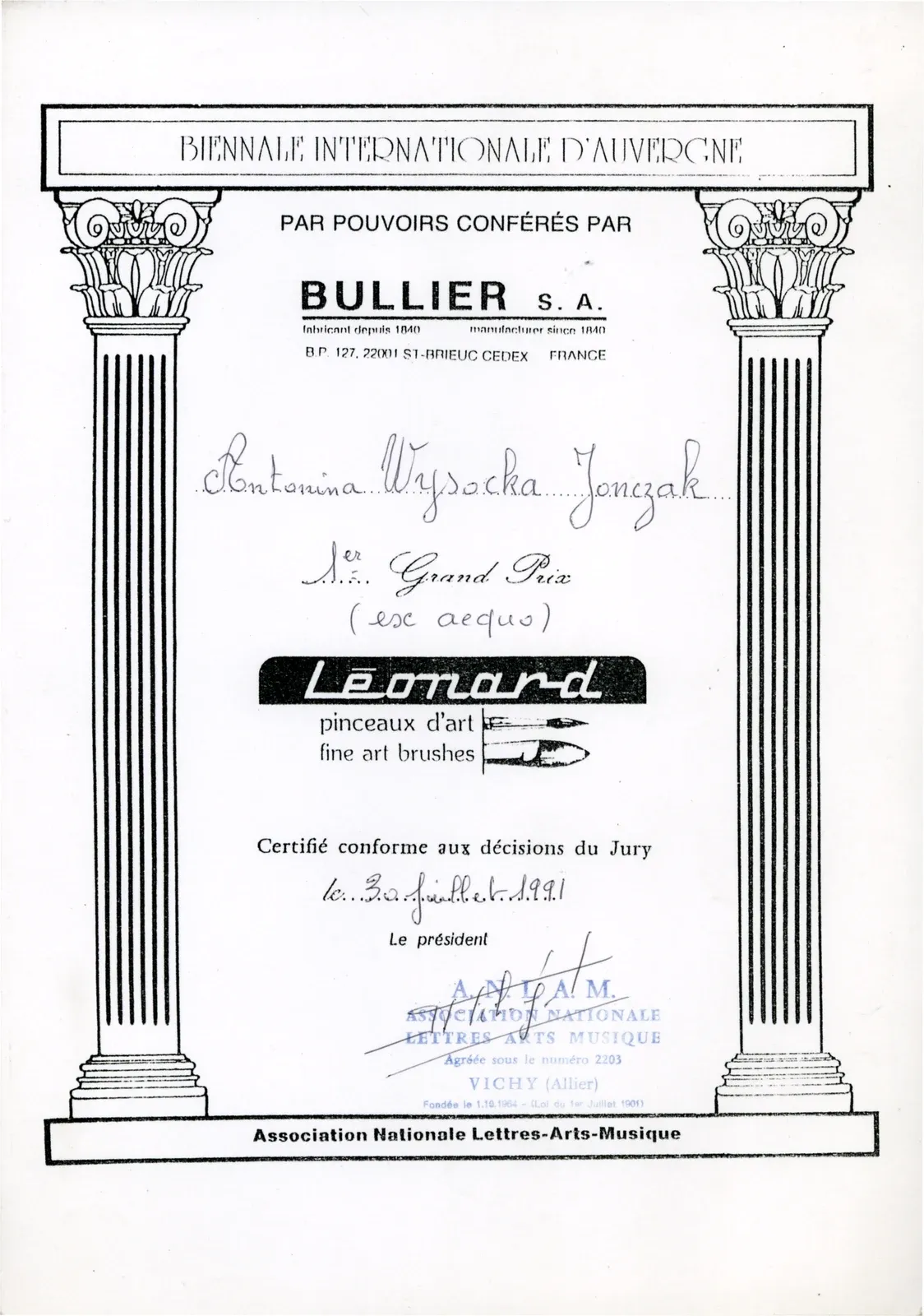 Diploma del primo Grand Prix ex aequo della Biennale Internationale d’Auvergne, Riom, 1991.