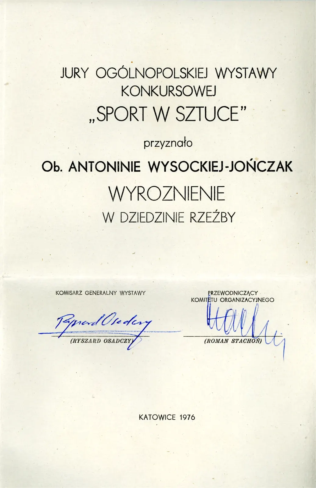 Attestato di menzione nel campo della scultura alla mostra nazionale «Sport w Sztuce», Katowice 1976, con firme a inchiostro blu.