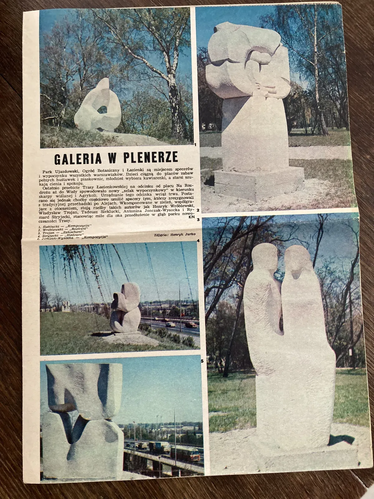 Newspaper cutting: «Galeria w plenerze», Polish illustrated magazine. The row of sculptures along the embankment, photographs by Henryk Jurko.