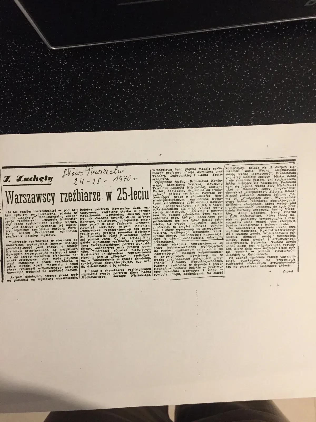 Newspaper cutting: «Warszawscy rzeźbiarze w 25-leciu», Słowo Powszechne, 24 April 1970.