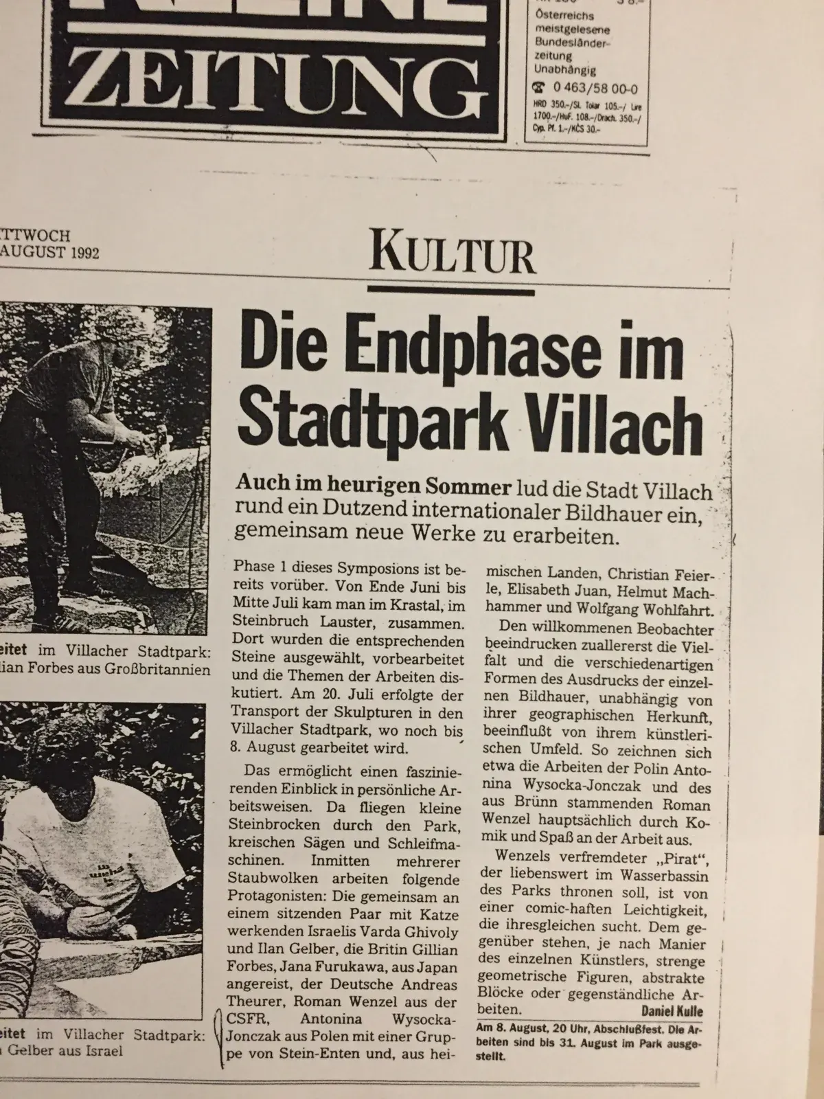 Ritaglio di giornale: «Die Endphase im Stadtpark Villach», Kleine Zeitung, agosto 1992.